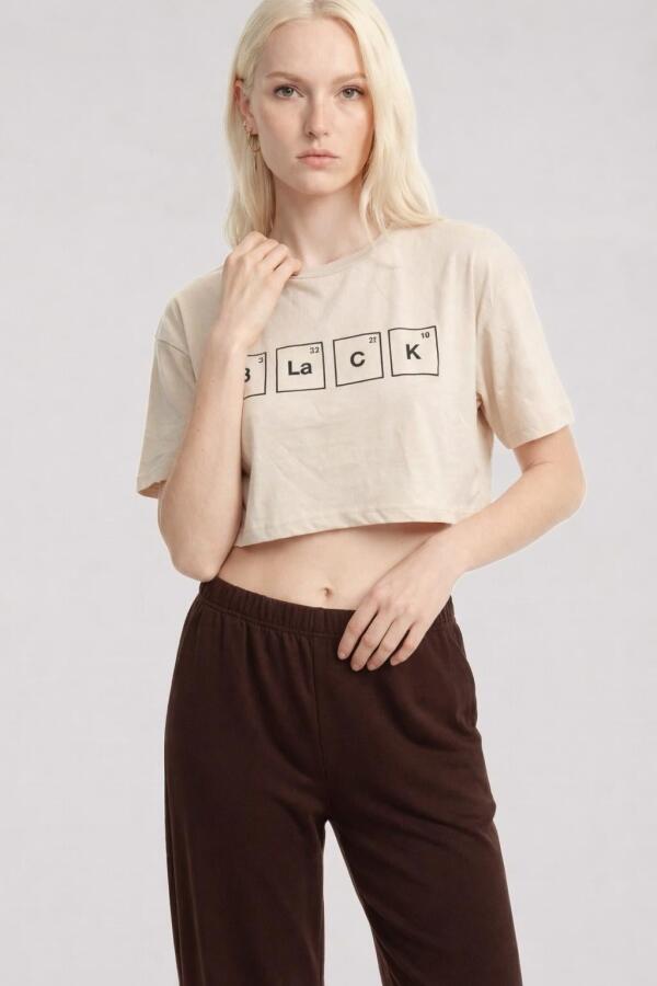 Angelino Baskılı Crop T-Shirt Pantolon Takım Kum Kahve - 2