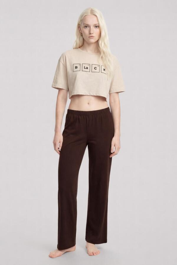 Angelino Baskılı Crop T-Shirt Pantolon Takım Kum Kahve - 3