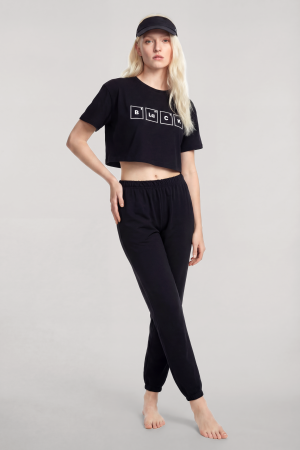 Angelino Baskılı Crop T-Shirt Pantolon Takım Siyah - 1
