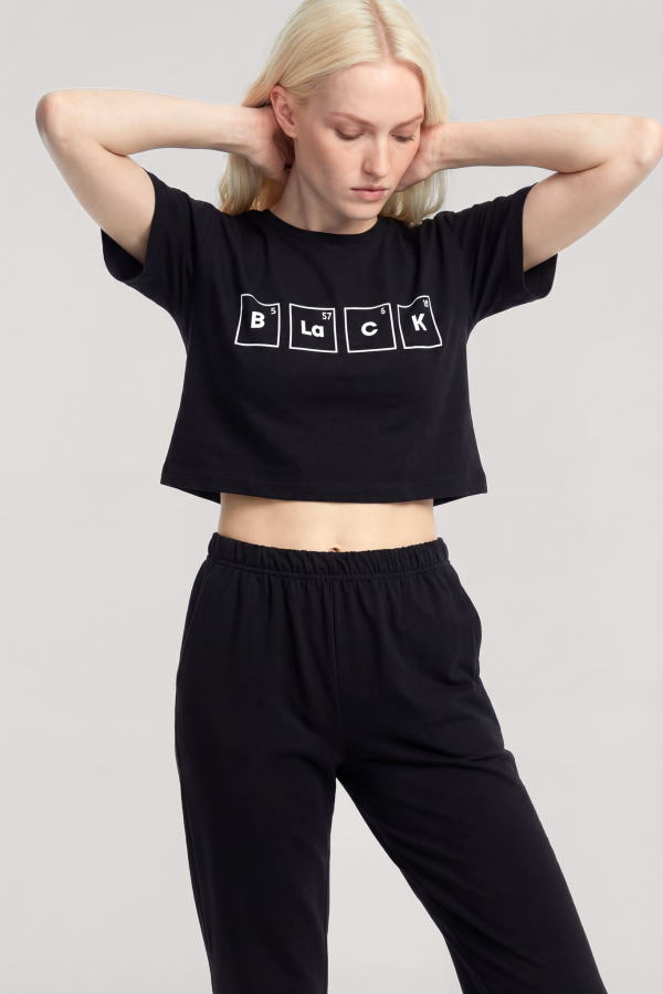 Angelino Baskılı Crop T-Shirt Pantolon Takım Siyah - 2