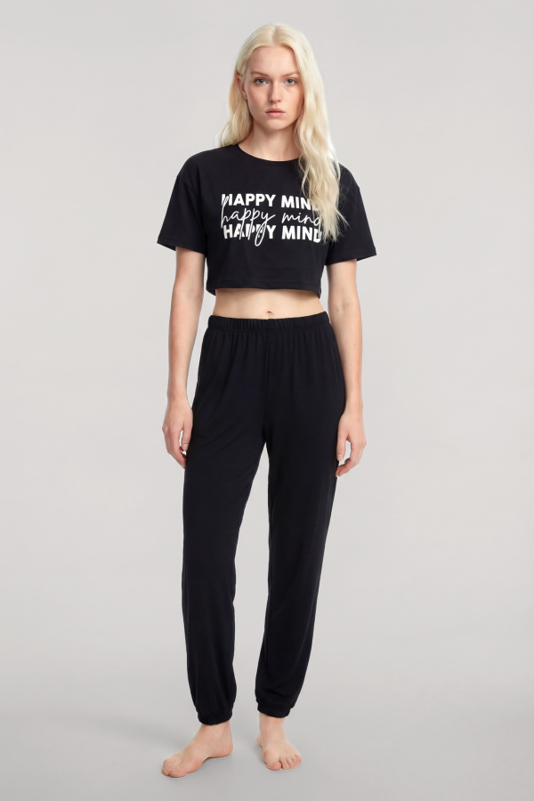Angelino Baskılı Crop T-Shirt Pantolon Takım Siyah - 1