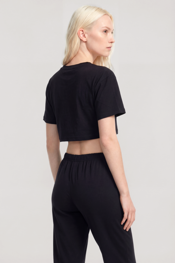 Angelino Baskılı Crop T-Shirt Pantolon Takım Siyah - 2