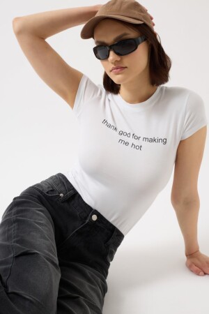Baskılı Likralı Crop T-Shirt - 1