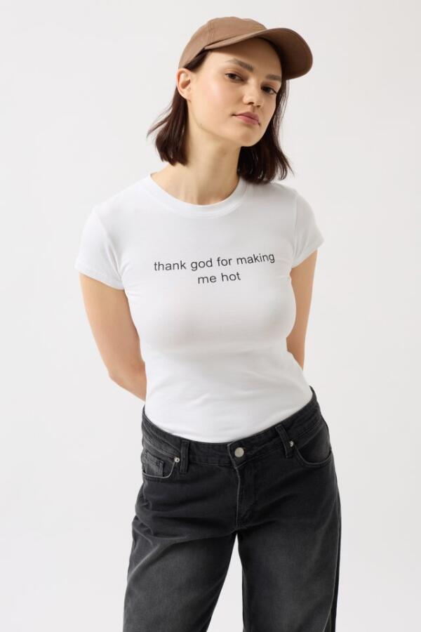 Baskılı Likralı Crop T-Shirt - 3