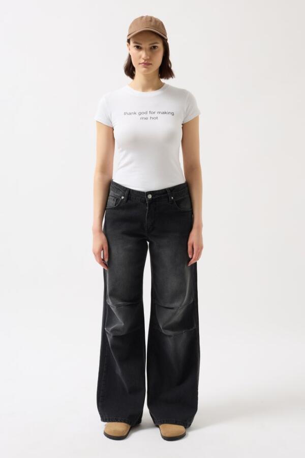 Baskılı Likralı Crop T-Shirt - 2