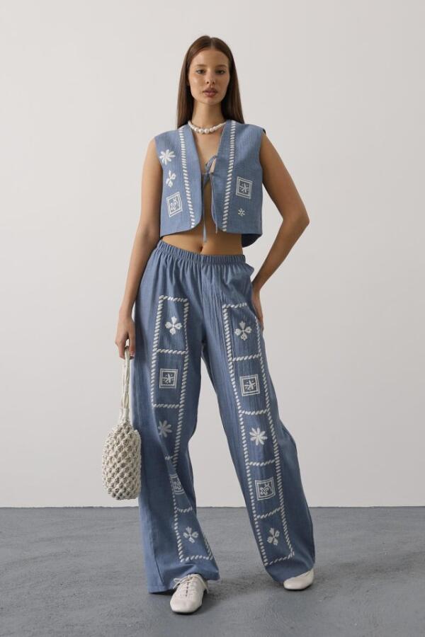 Baskılı Önü Bağlamalı Yelekli Takım - İndigo - 1