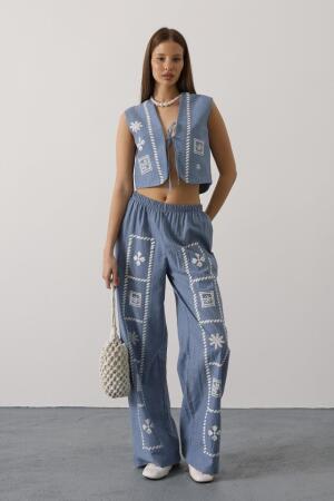 Baskılı Önü Bağlamalı Yelekli Takım - İndigo - 3