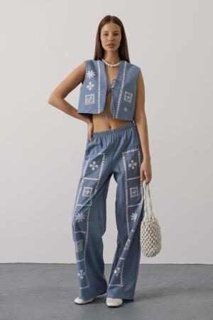 Baskılı Önü Bağlamalı Yelekli Takım - İndigo - 4