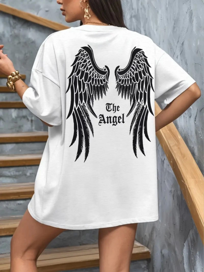 Baskılı Oversize Bisiklet Yaka T-shirt - Beyaz - 1