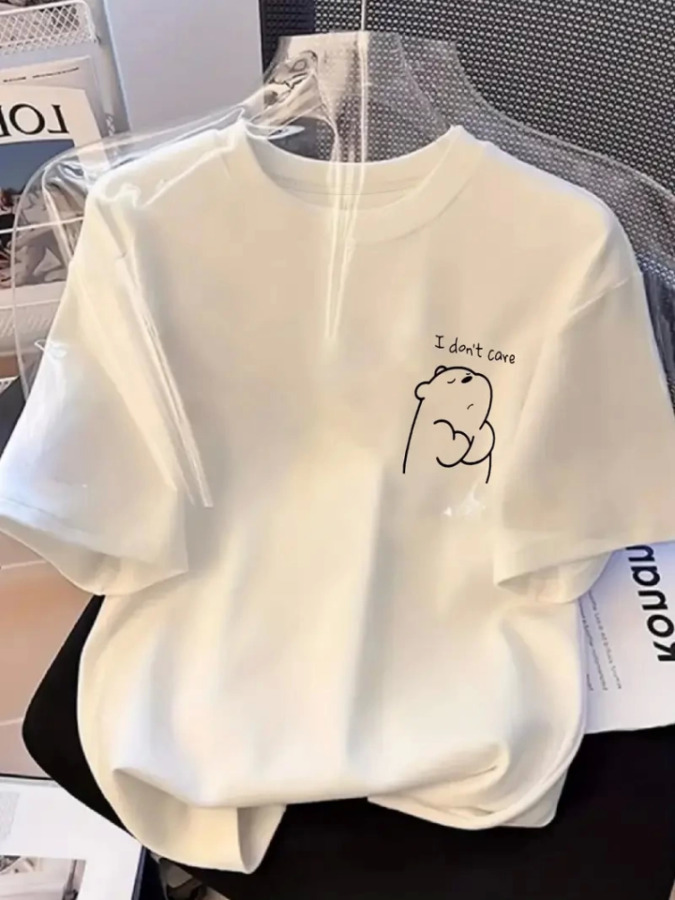 Baskılı Oversize Bisiklet Yaka T-shirt - Beyaz - 1