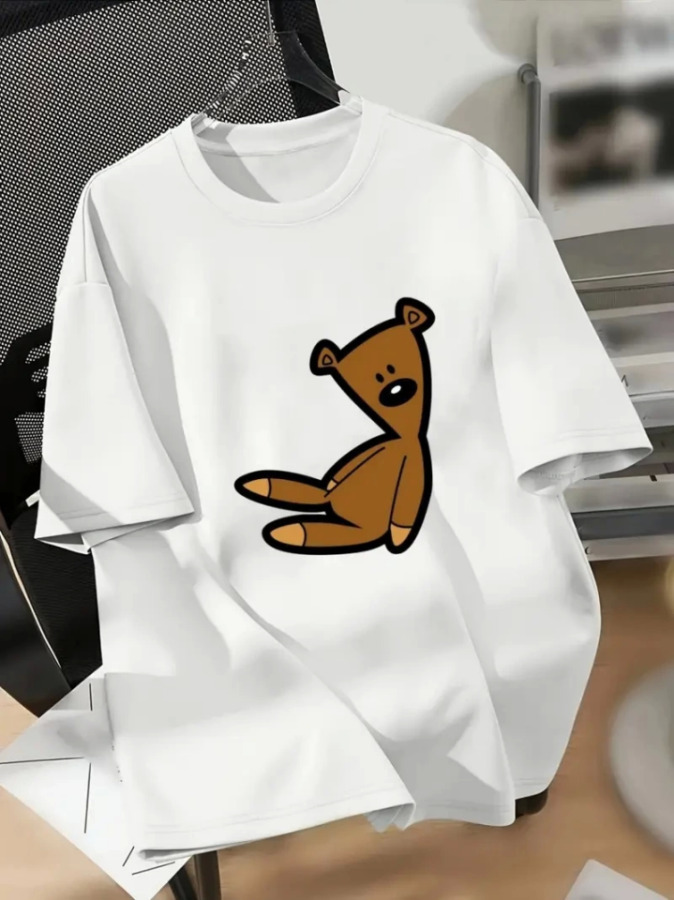 Baskılı Oversize Bisiklet Yaka T-shirt - Beyaz - 1
