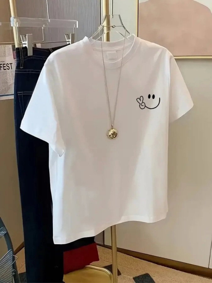 Baskılı Oversize Bisiklet Yaka T-shirt - Beyaz - 1