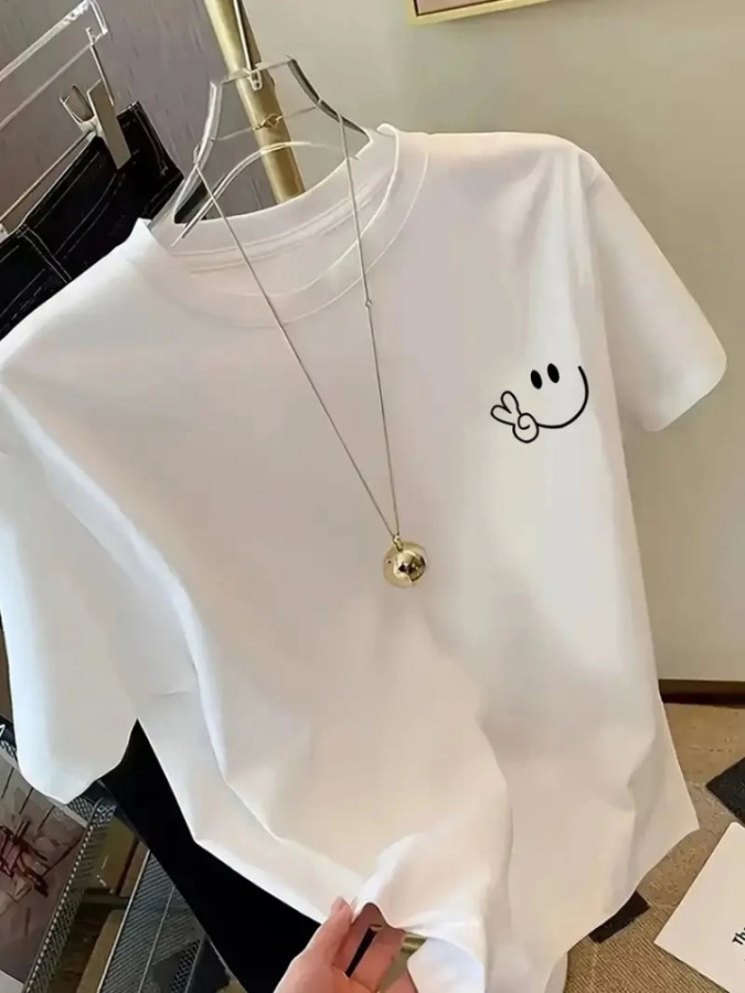 Baskılı Oversize Bisiklet Yaka T-shirt - Beyaz - 2