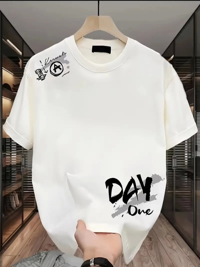 Baskılı Oversize Bisiklet Yaka T-shirt - Beyaz - 1