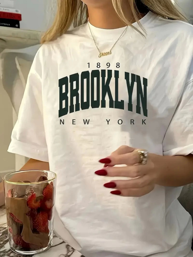 Baskılı Oversize Bisiklet Yaka T-shirt - Beyaz - 1