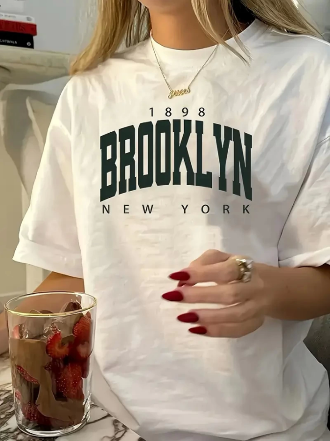 Baskılı Oversize Bisiklet Yaka T-shirt - Beyaz - 1