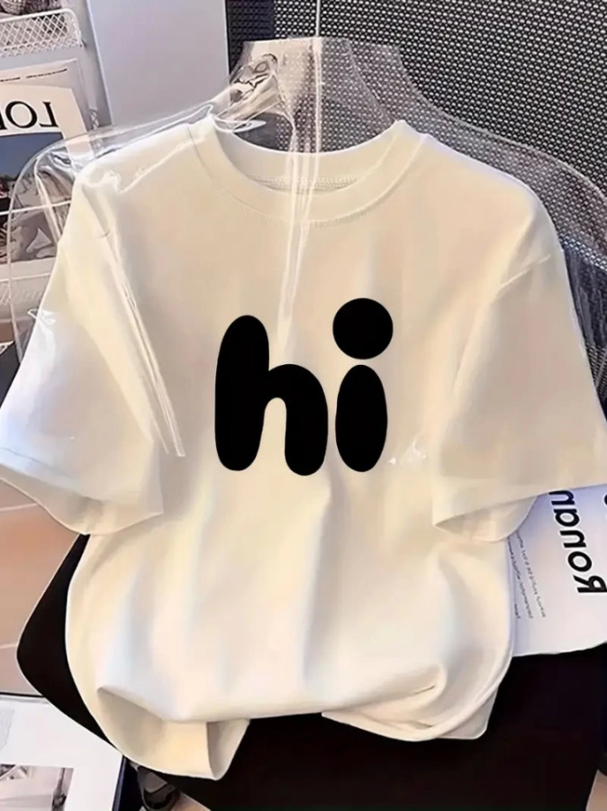 Baskılı Oversize Bisiklet Yaka T-shirt - Beyaz - 1