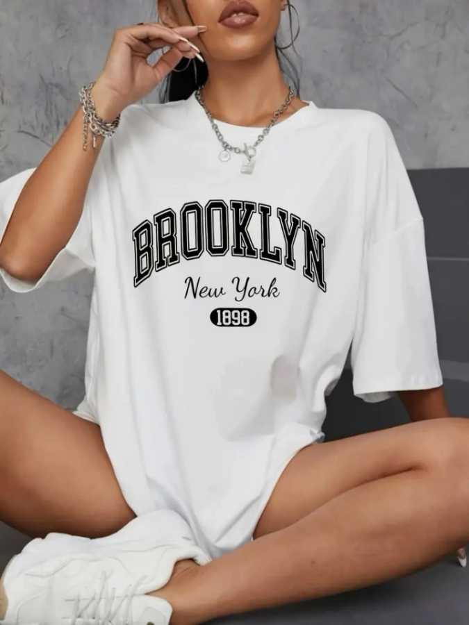 Baskılı Oversize Bisiklet Yaka T-shirt - Beyaz - 1