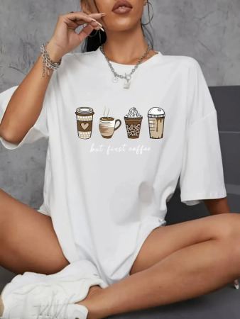 Baskılı Oversize Bisiklet Yaka T-shirt - Beyaz - 1
