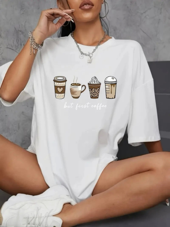 Baskılı Oversize Bisiklet Yaka T-shirt - Beyaz - 1