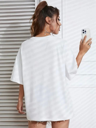 Baskılı Oversize Bisiklet Yaka T-shirt - Beyaz - 3