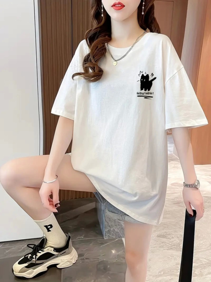 Baskılı Oversize Bisiklet Yaka T-shirt - Beyaz - 1