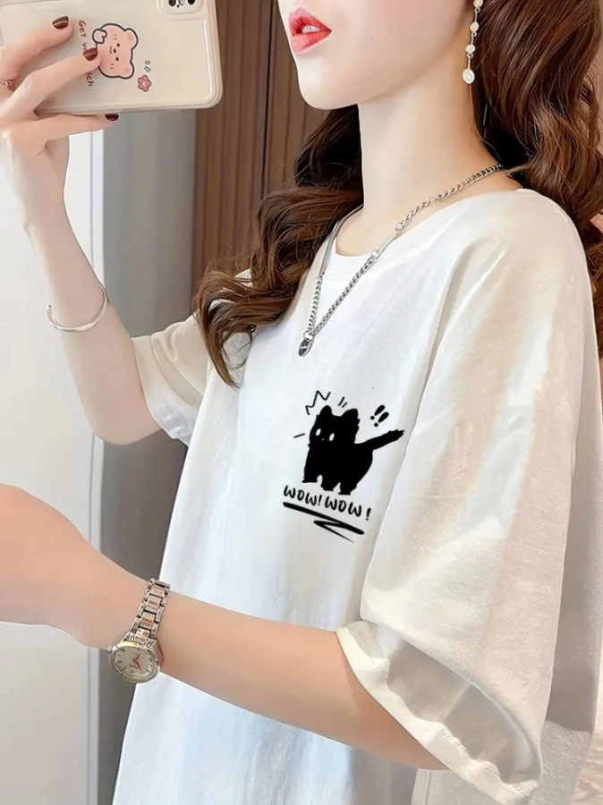 Baskılı Oversize Bisiklet Yaka T-shirt - Beyaz - 2
