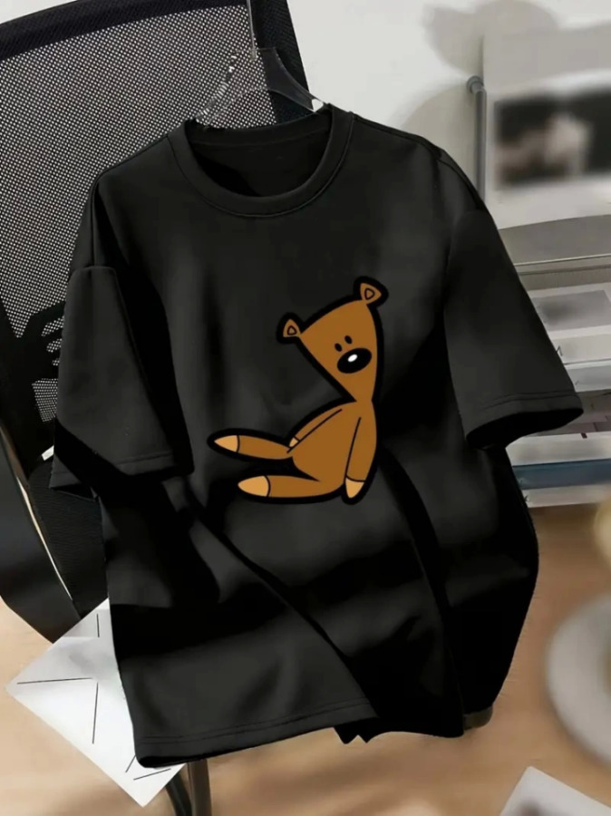 Baskılı Oversize Bisiklet Yaka T-shirt - Siyah - 1