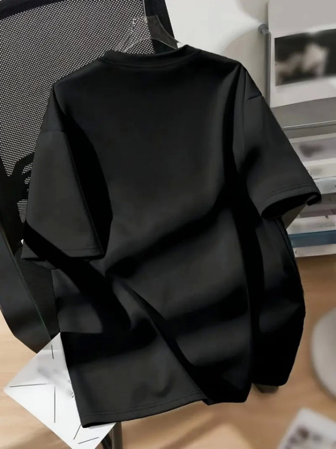 Baskılı Oversize Bisiklet Yaka T-shirt - Siyah - 4
