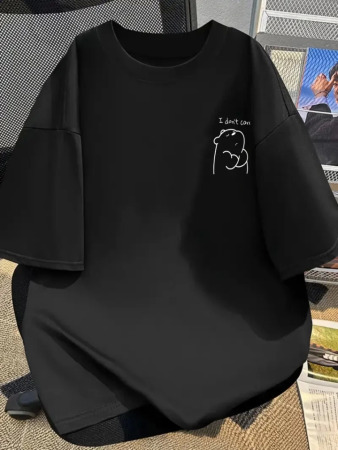 Baskılı Oversize Bisiklet Yaka T-shirt - Siyah - 1