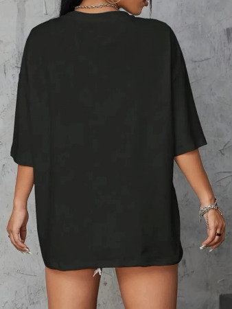Baskılı Oversize Bisiklet Yaka T-shirt - Siyah - 4