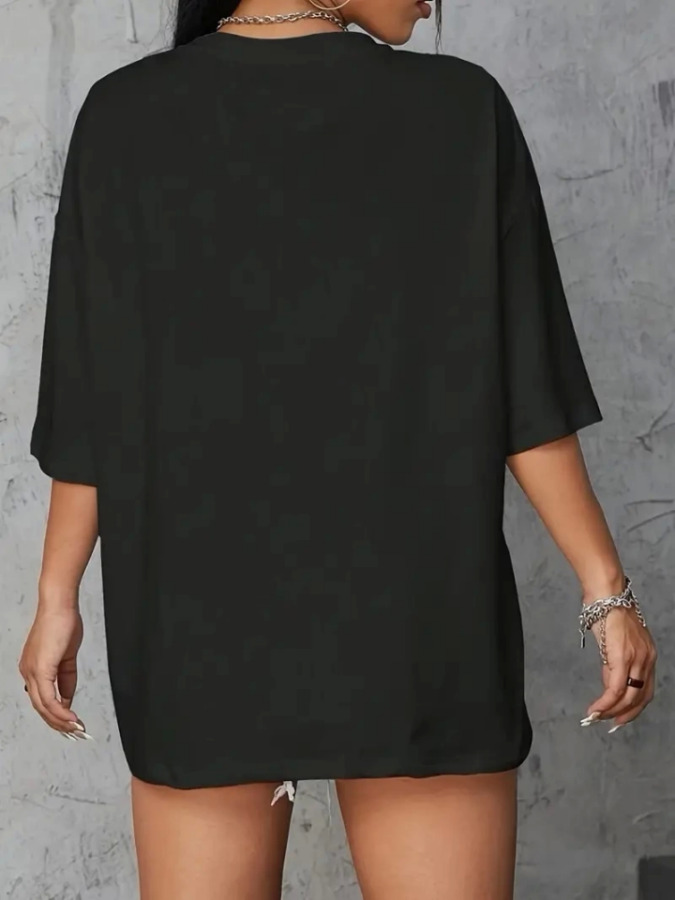 Baskılı Oversize Bisiklet Yaka T-shirt - Siyah - 4