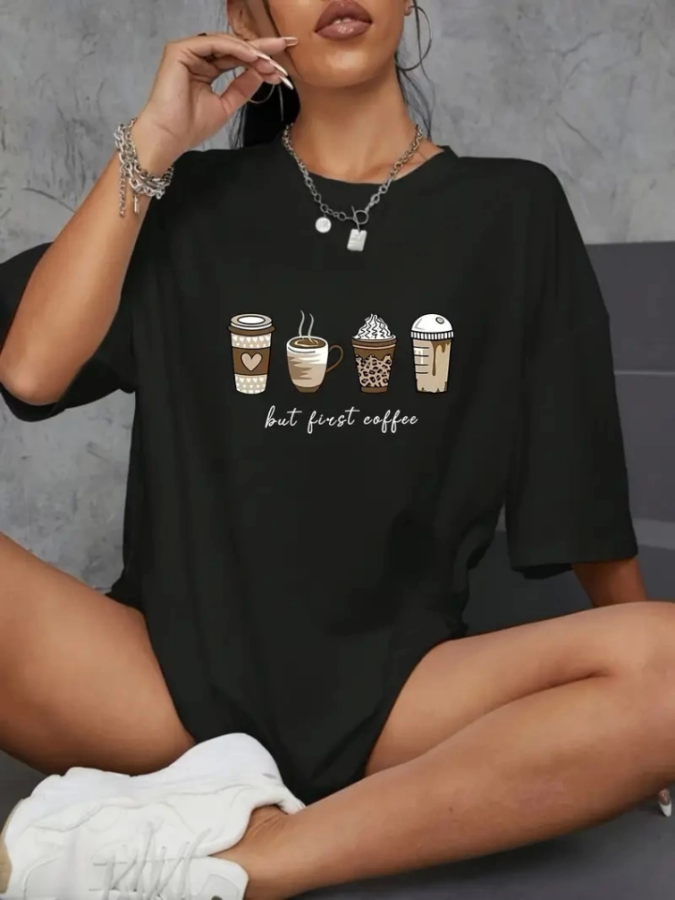 Baskılı Oversize Bisiklet Yaka T-shirt - Siyah - 1