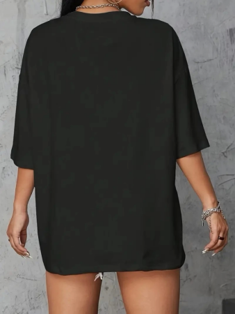 Baskılı Oversize Bisiklet Yaka T-shirt - Siyah - 4