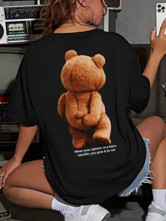 Baskılı Oversize Bisiklet Yaka T-shirt - Siyah - 1