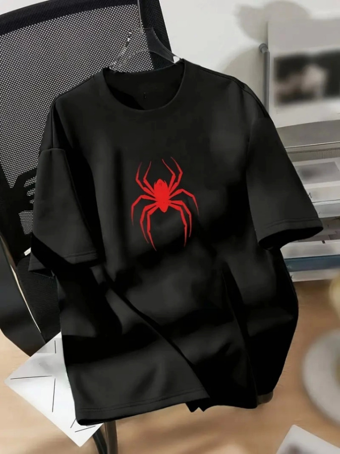 Baskılı Oversize Bisiklet Yaka T-shirt - Siyah - 1