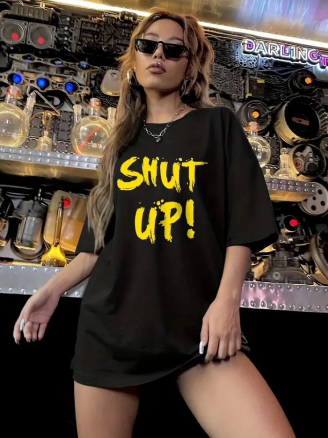 Baskılı Oversize Bisiklet Yaka T-shirt - Siyah - 3