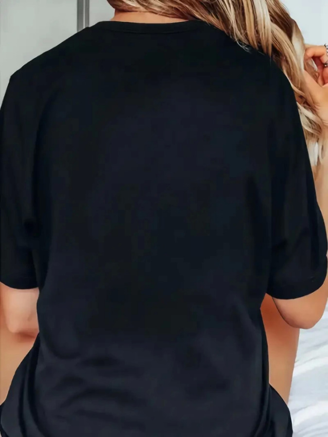 Baskılı Oversize Bisiklet Yaka T-shirt - Siyah - 2