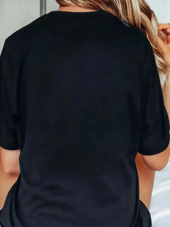 Baskılı Oversize Bisiklet Yaka T-shirt - Siyah - 2