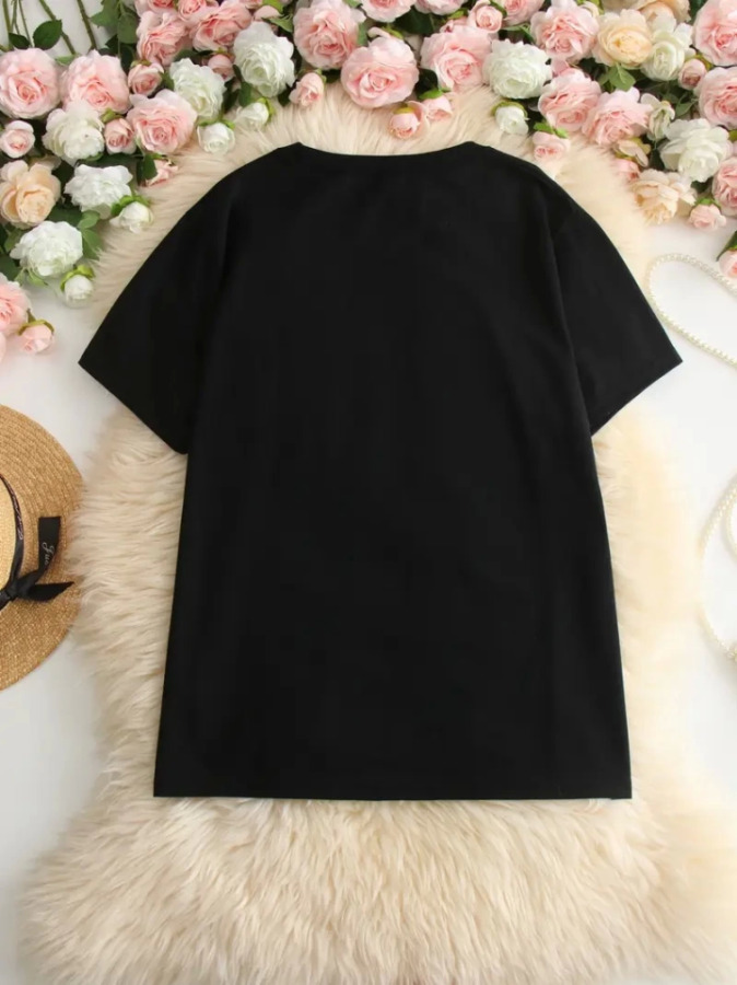 Baskılı Oversize Bisiklet Yaka T-shirt - Siyah - 2