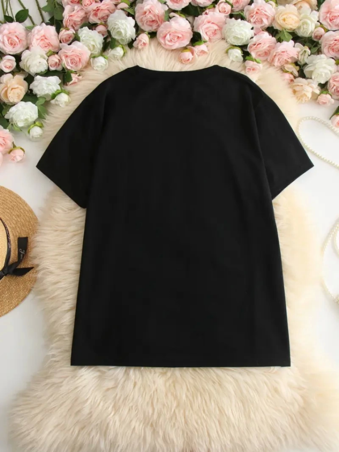 Baskılı Oversize Bisiklet Yaka T-shirt - Siyah - 2