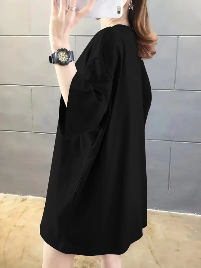 Baskılı Oversize Bisiklet Yaka T-shirt - Siyah - 3