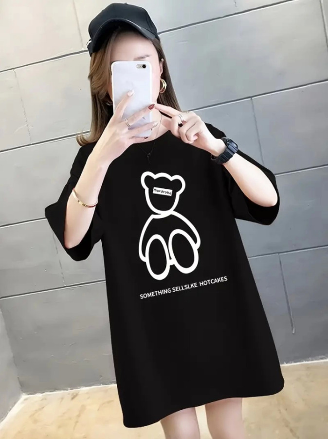 Baskılı Oversize Bisiklet Yaka T-shirt - Siyah - 4