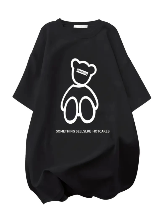 Baskılı Oversize Bisiklet Yaka T-shirt - Siyah - 2