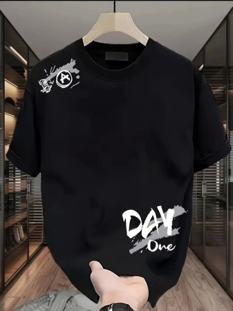 Baskılı Oversize Bisiklet Yaka T-shirt - Siyah - 1