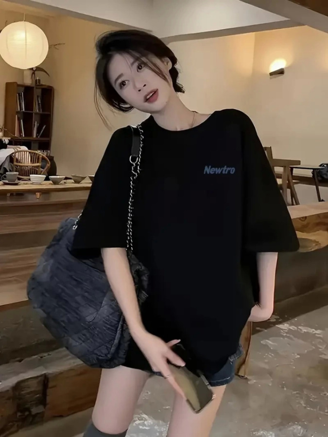 Baskılı Oversize Bisiklet Yaka T-shirt - Siyah - 2