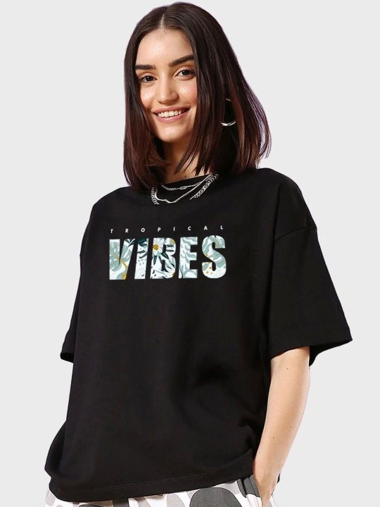 Baskılı Oversize T-shirt - Siyah - 1