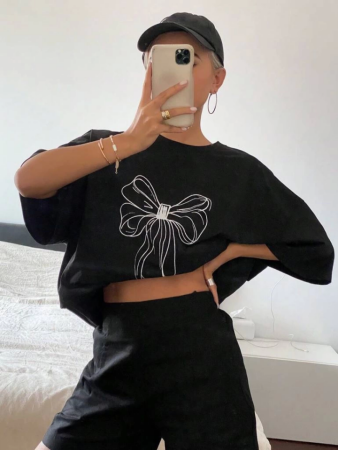 Baskılı Oversize T-shirt - Siyah - 1