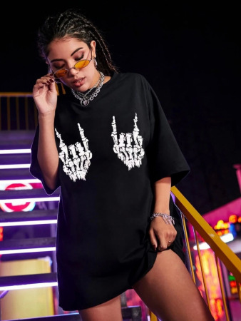 Baskılı Oversize T-shirt - Siyah - 1