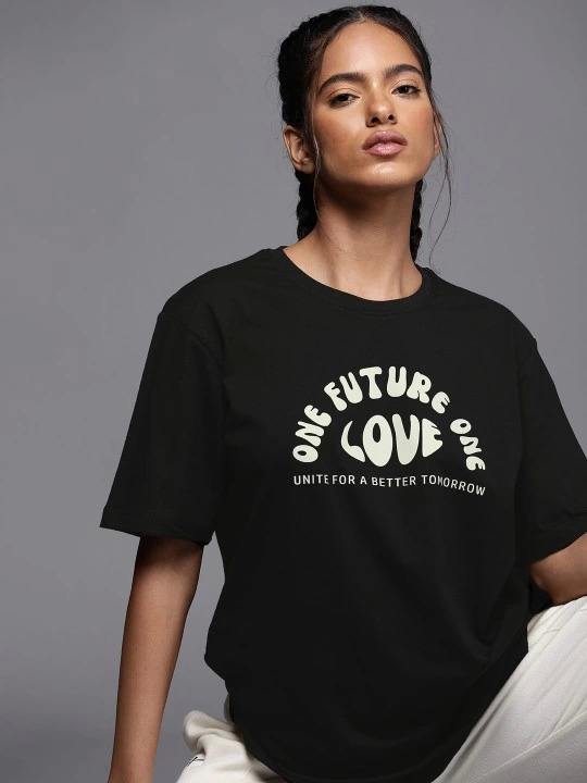 Baskılı Oversize T-shirt - Siyah - 1